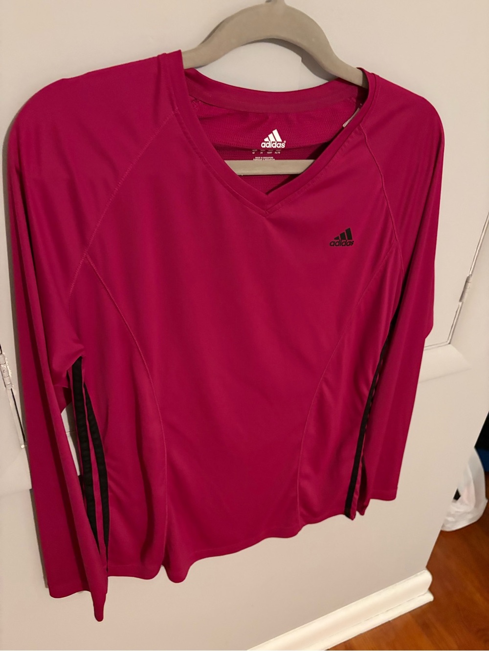 adidas Magenta Long-Sleeve V-Neck Performance Top with Black Stripes